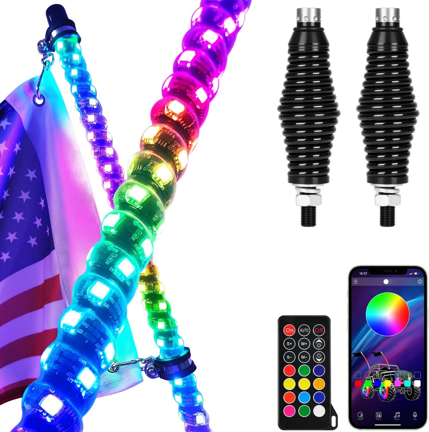 2PCS 4FT Led Whip Lights with Spring Base,Bluetooth and Remote Control 360° Spiral RGB Chasing Light Offroad Warning Lighted Antenna LED Whips for UTV, ATV, Buggy Dune, RZR, Can-Am, Boat