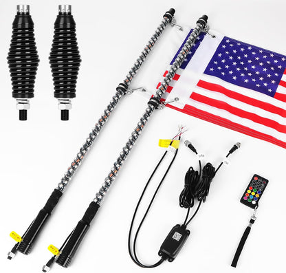 2PCS 4FT Led Whip Lights with Spring Base,Bluetooth and Remote Control 360° Spiral RGB Chasing Light Offroad Warning Lighted Antenna LED Whips for UTV, ATV, Buggy Dune, RZR, Can-Am, Boat