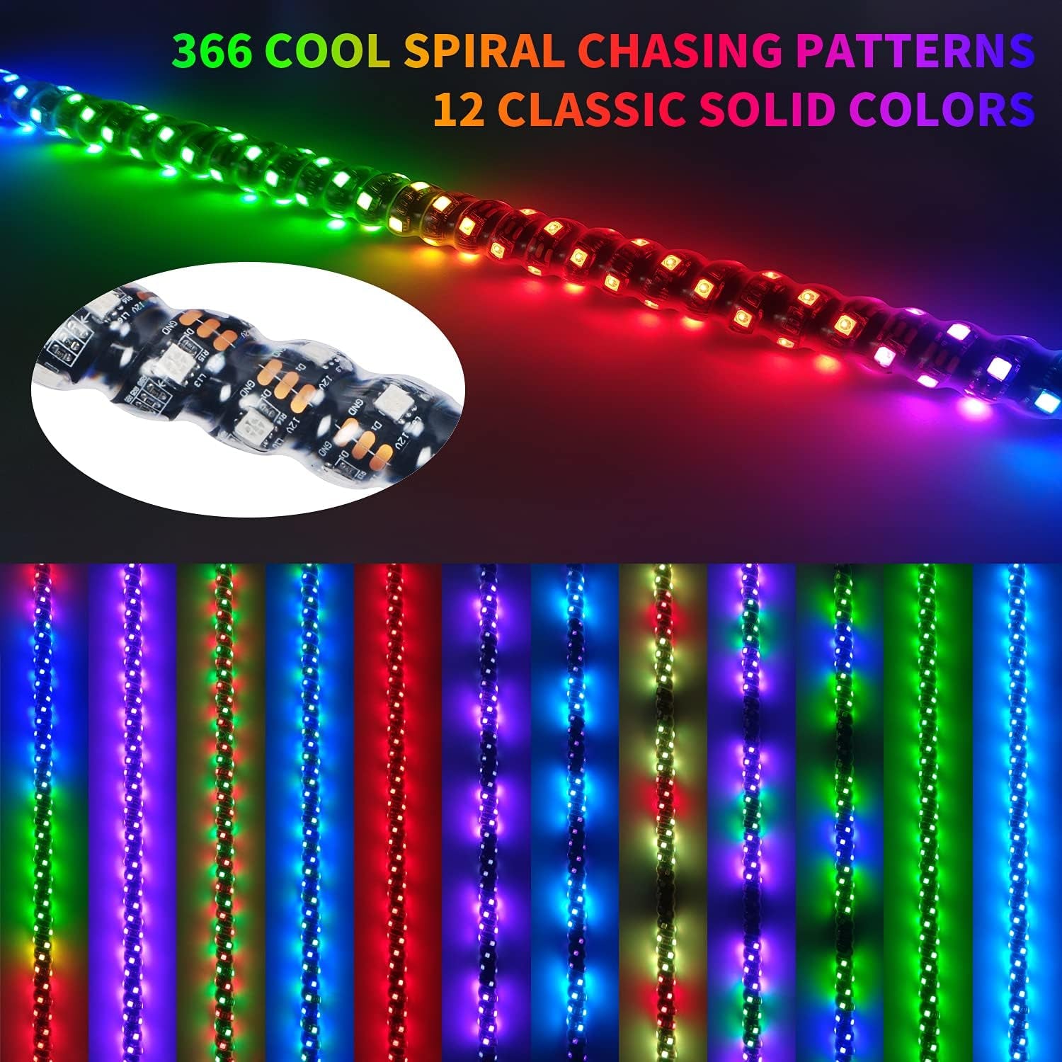 2PCS 4FT Led Whip Lights with Spring Base,Bluetooth and Remote Control 360° Spiral RGB Chasing Light Offroad Warning Lighted Antenna LED Whips for UTV, ATV, Buggy Dune, RZR, Can-Am, Boat