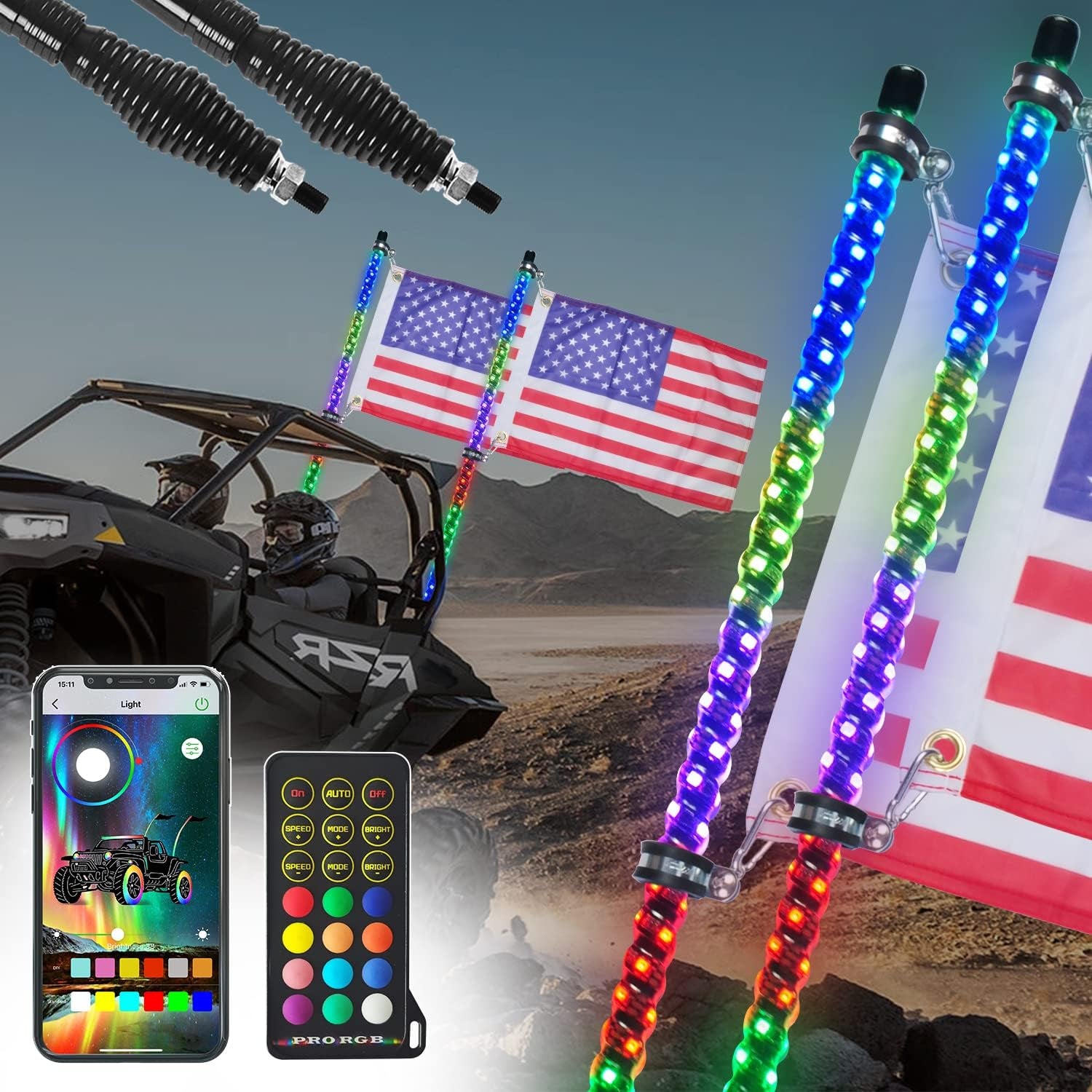 2PCS 4FT Led Whip Lights with Spring Base,Bluetooth and Remote Control 360° Spiral RGB Chasing Light Offroad Warning Lighted Antenna LED Whips for UTV, ATV, Buggy Dune, RZR, Can-Am, Boat
