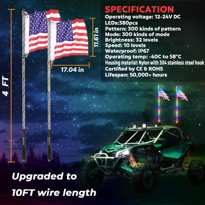 2PCS 4FT Led Whip Lights with Spring Base,Bluetooth and Remote Control 360° Spiral RGB Chasing Light Offroad Warning Lighted Antenna LED Whips for UTV, ATV, Buggy Dune, RZR, Can-Am, Boat